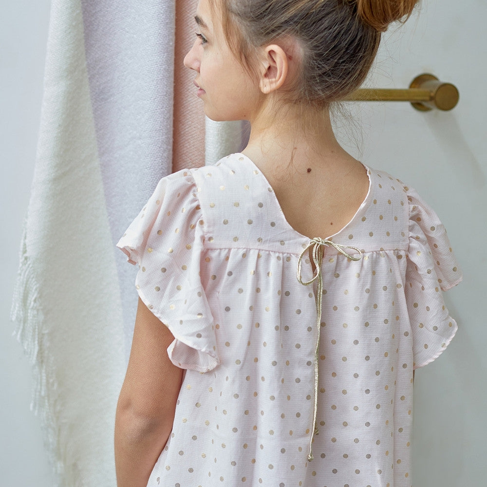 Vestido niña rosa con lunares dorados