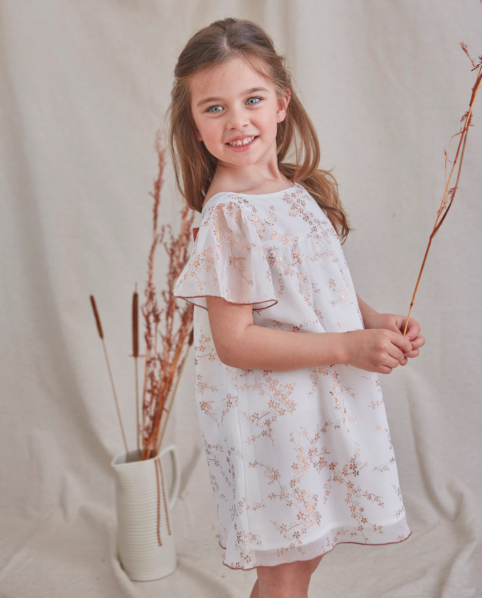 Vestido de niña en gasa con estampado en color cobre