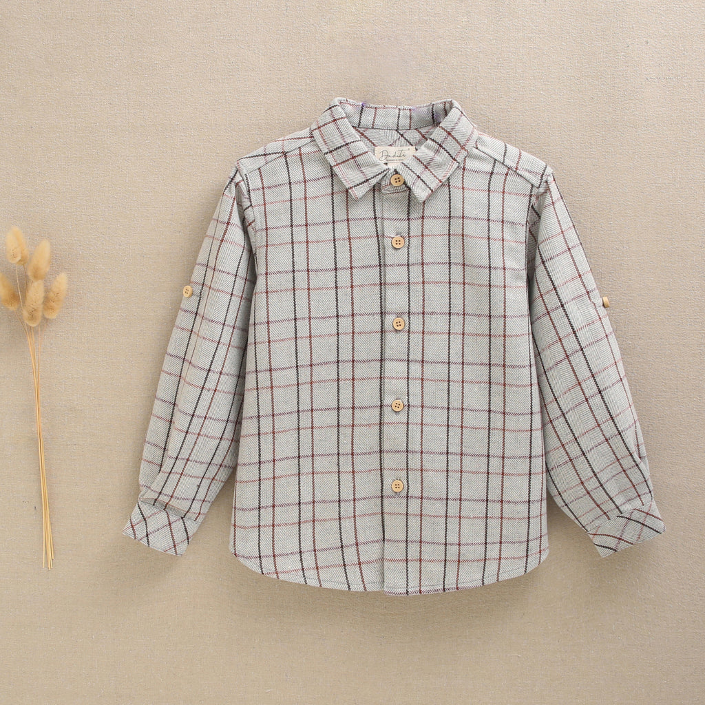 Camisa niño gris cuadros rojo, granate y marrón