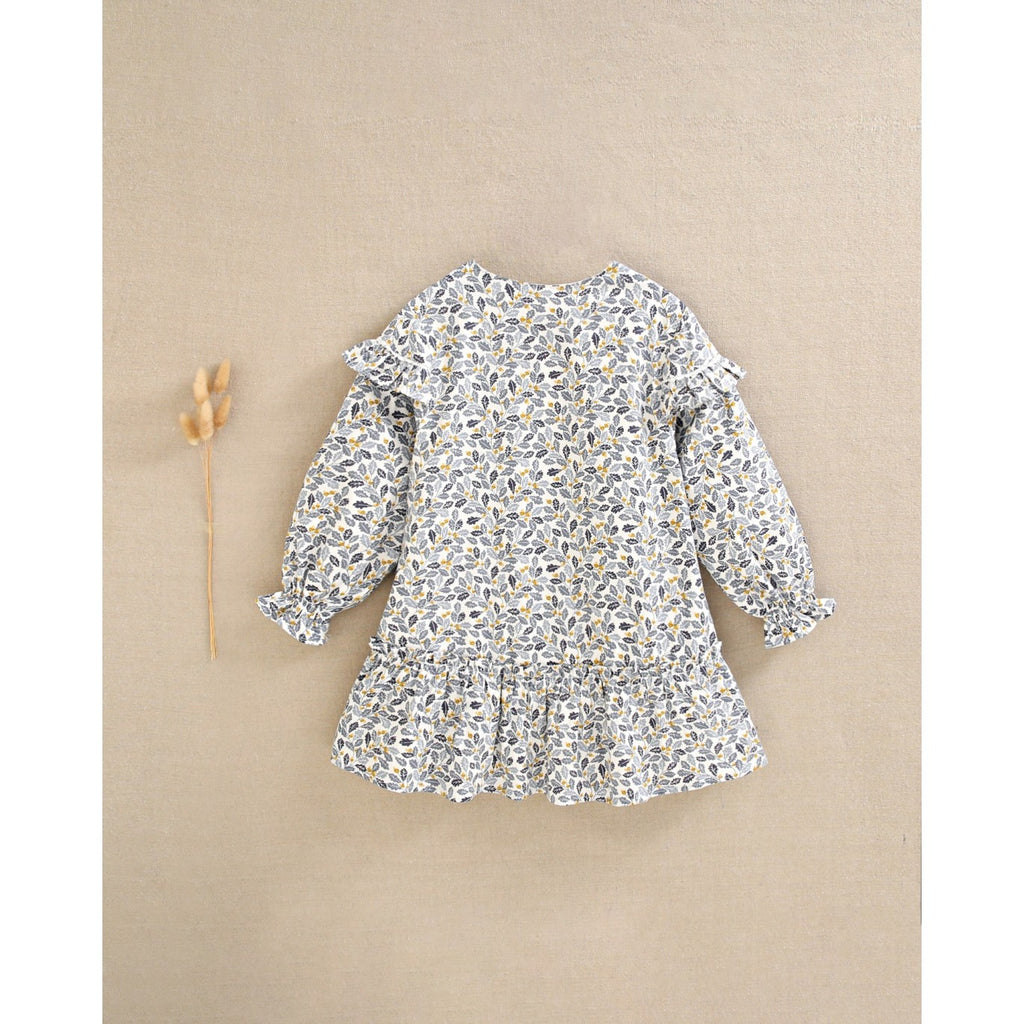 Vestido niña con estampado hojas azul y mostaza