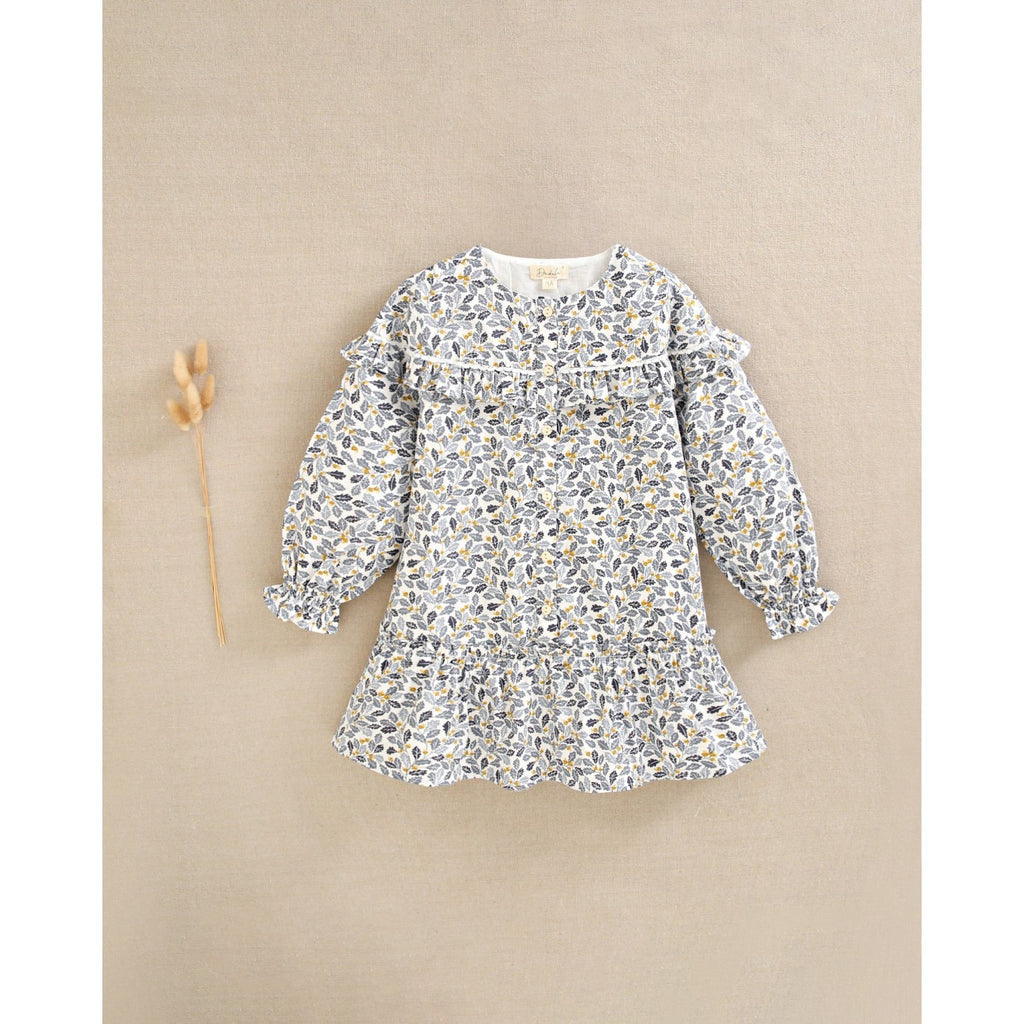 Vestido niña con estampado hojas azul y mostaza