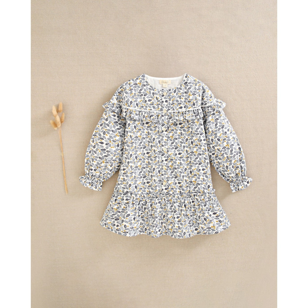 Vestido niña con estampado hojas azul y mostaza