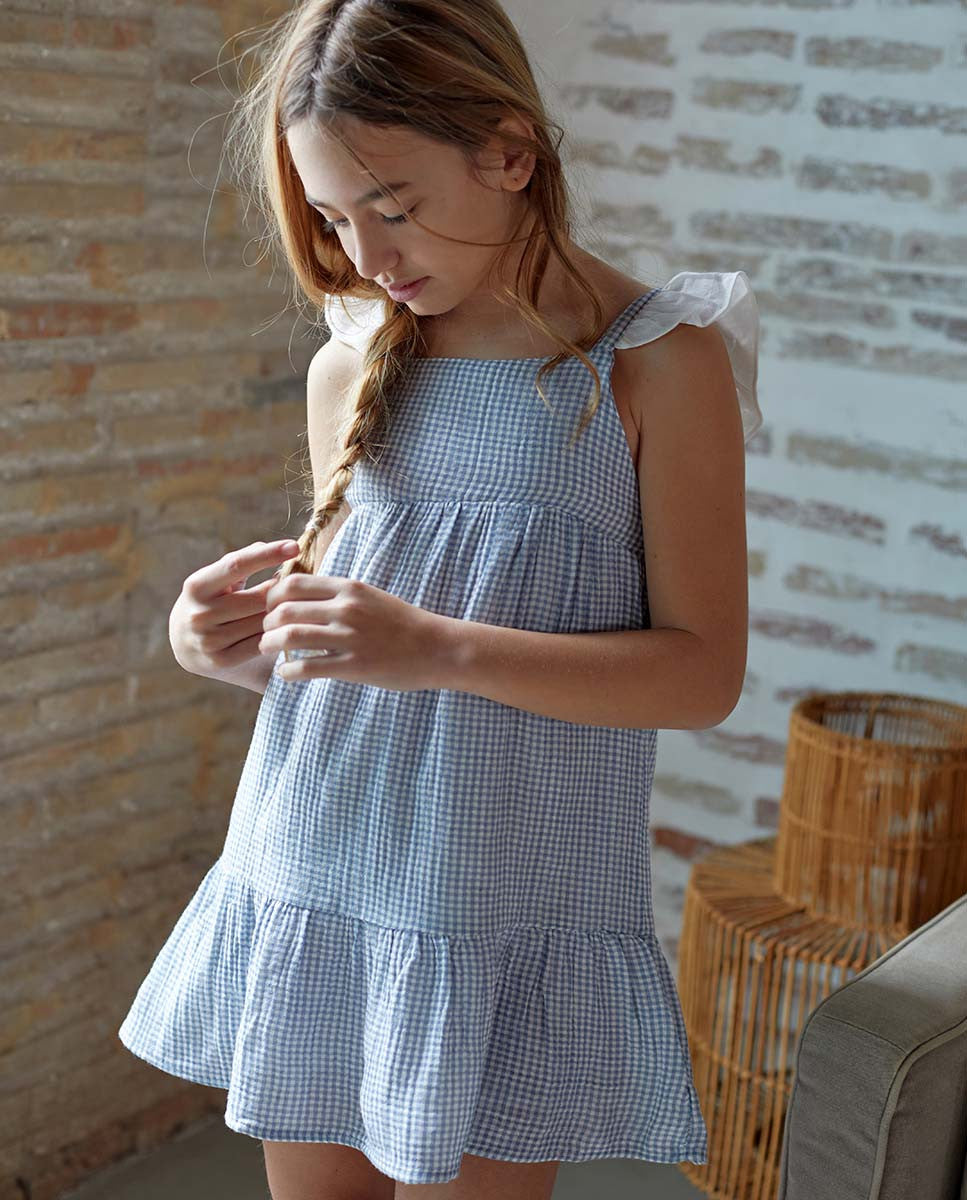Vestido de niña en cuadros vichy azules y blancos