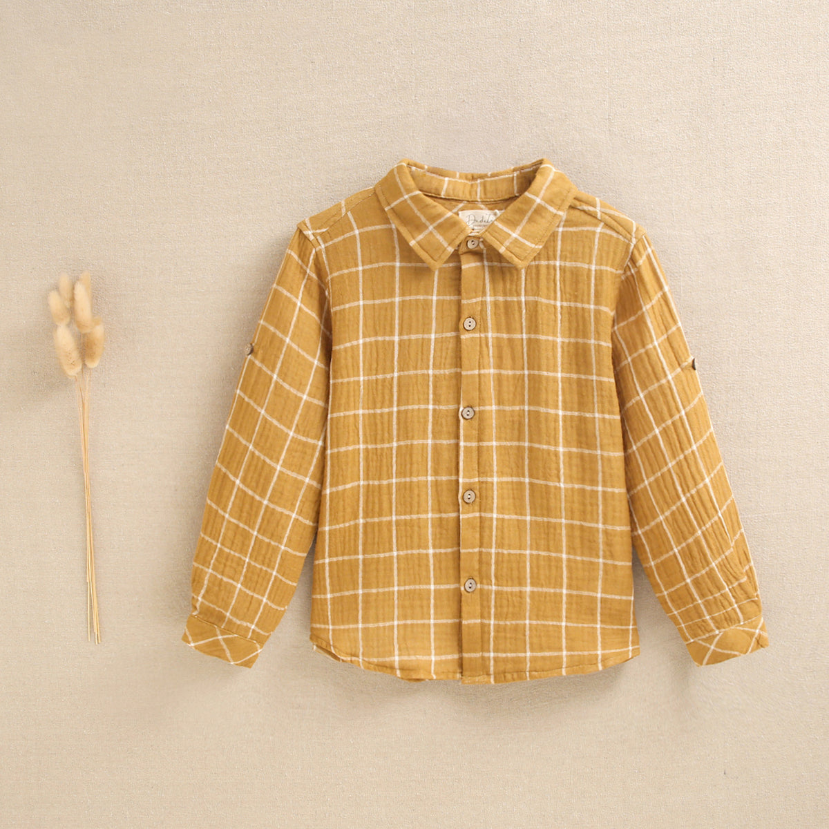 Camisa de niño de cuadros mostaza y blanco cuello clásico