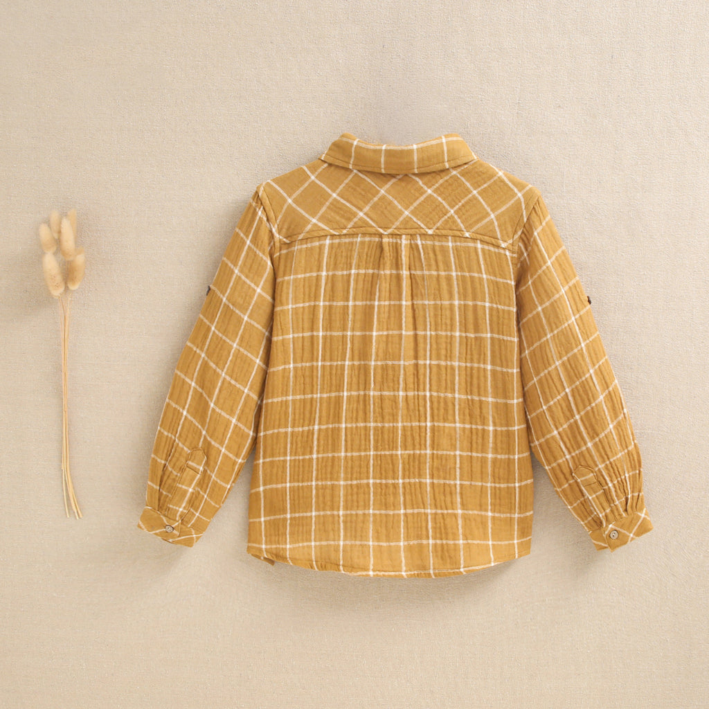 Camisa de niño de cuadros mostaza y blanco cuello clásico