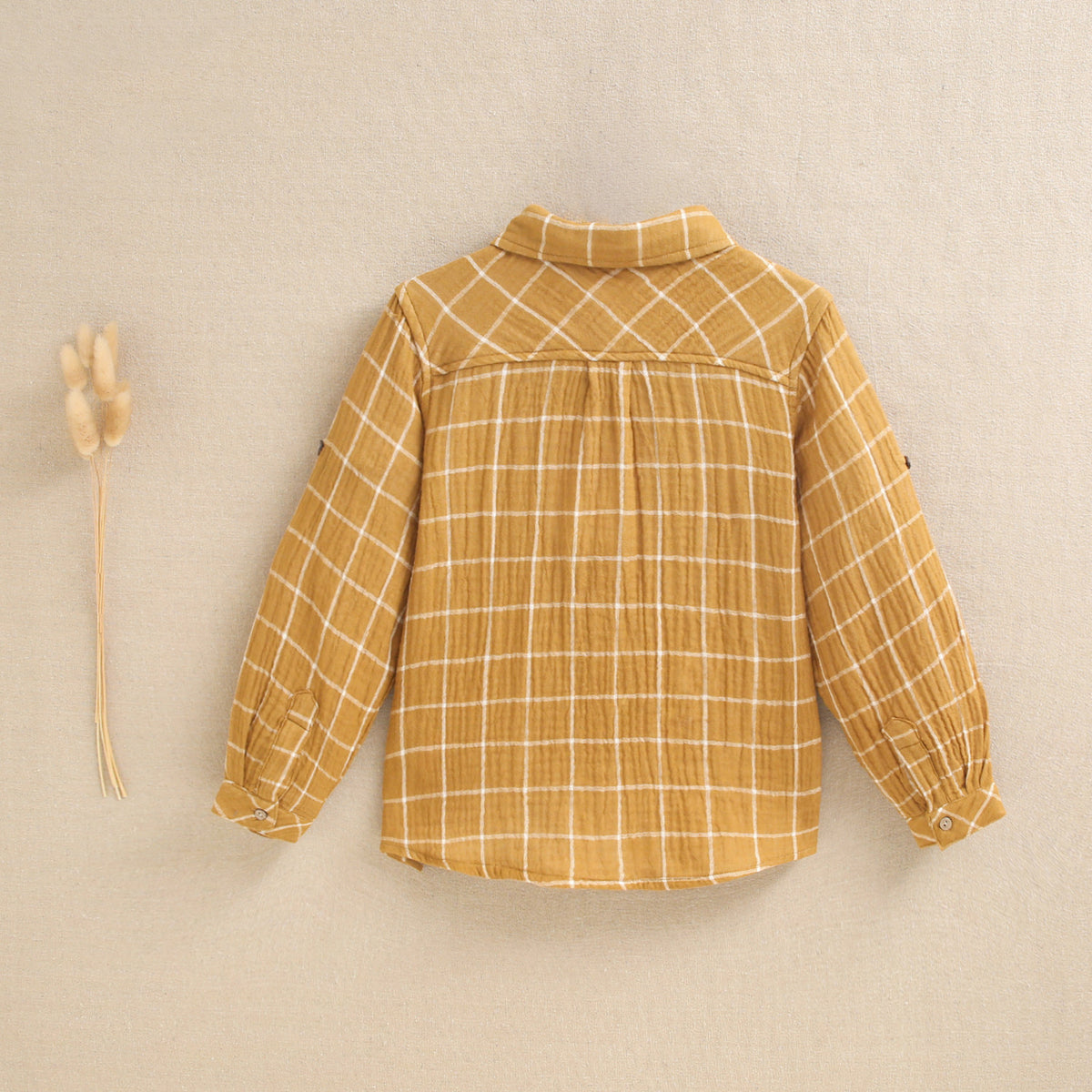 Camisa de niño de cuadros mostaza y blanco cuello clásico