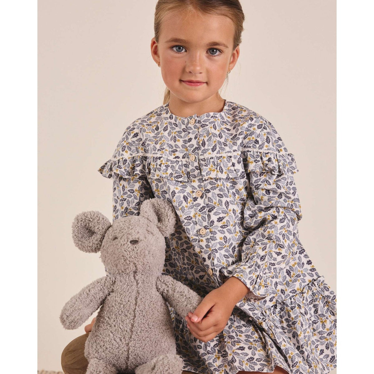 Vestido niña con estampado hojas azul y mostaza
