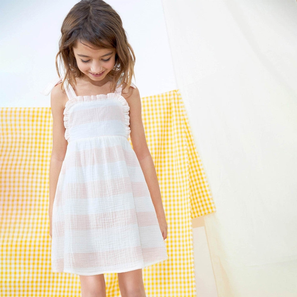 Vestido de niña en bámbula de rayas blancas y rosas