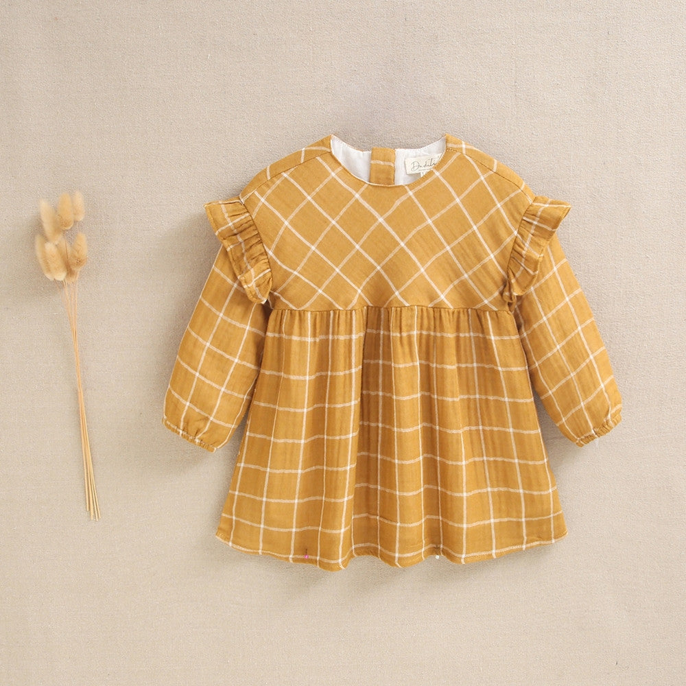 Vestido de bebé niña cuadros mostaza y blanco con volante en hombros