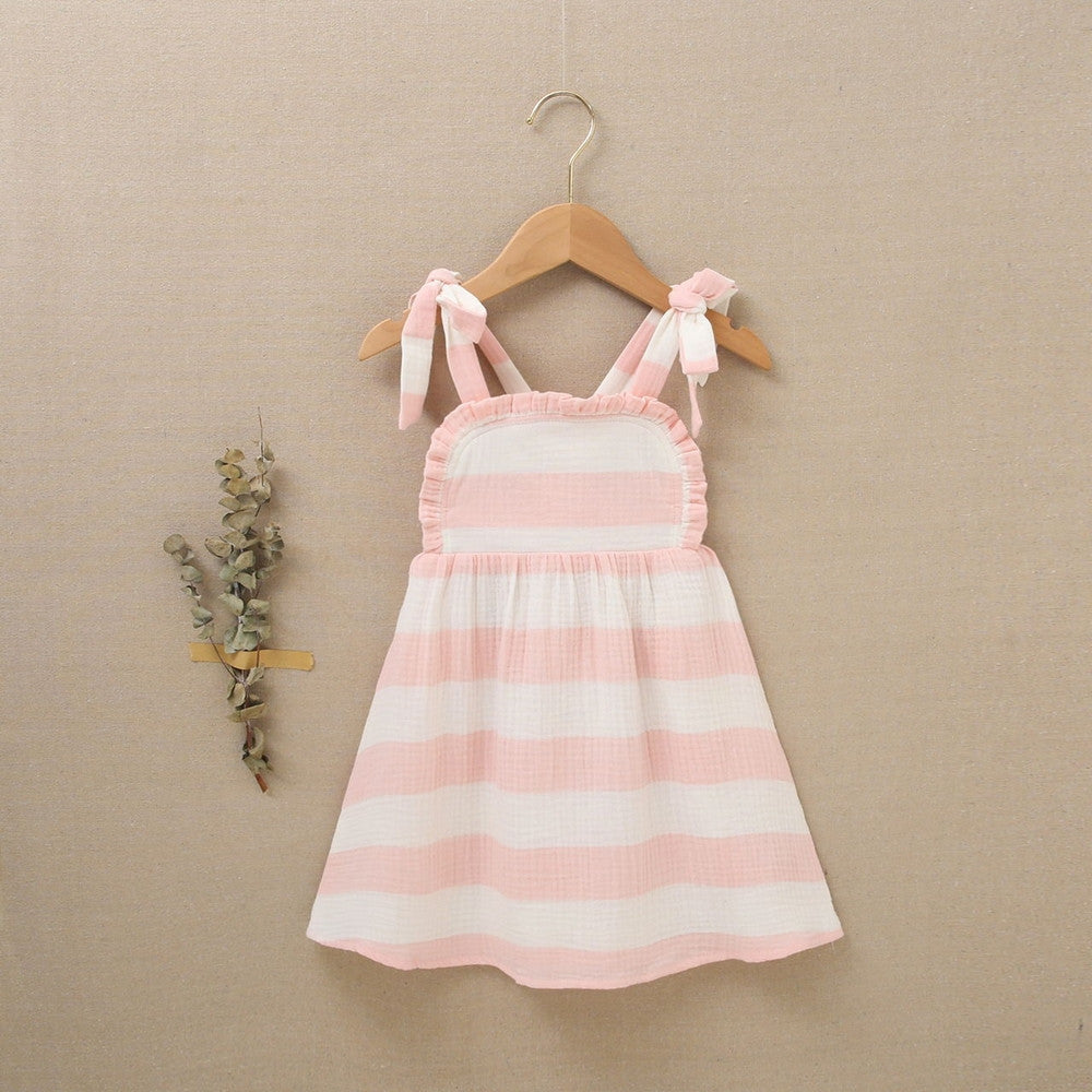 Vestido de niña en bámbula de rayas blancas y rosas