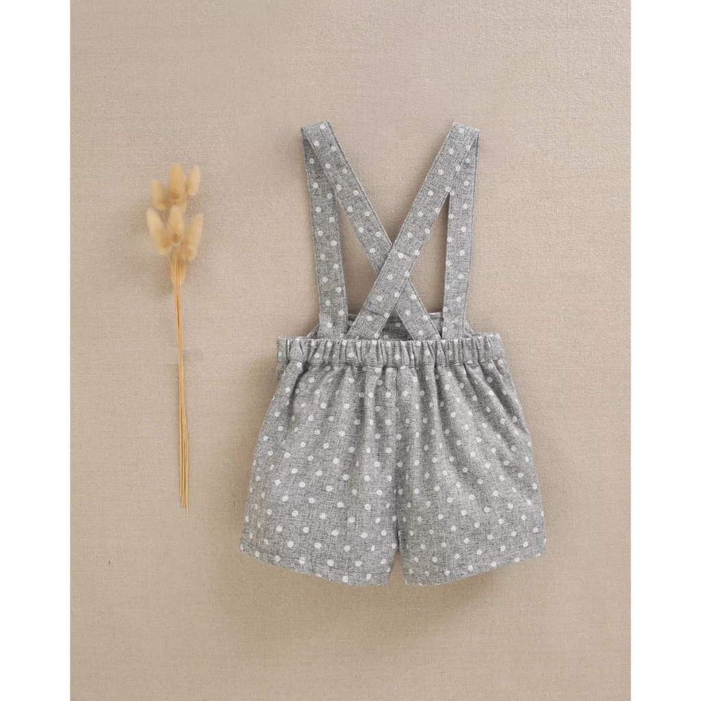Ranita de bebé niño con tirantes en gris jaspeado con topos