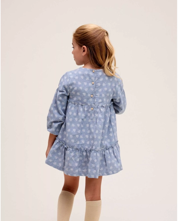 Vestido de niña azul cielo y estampado de hojas blancas