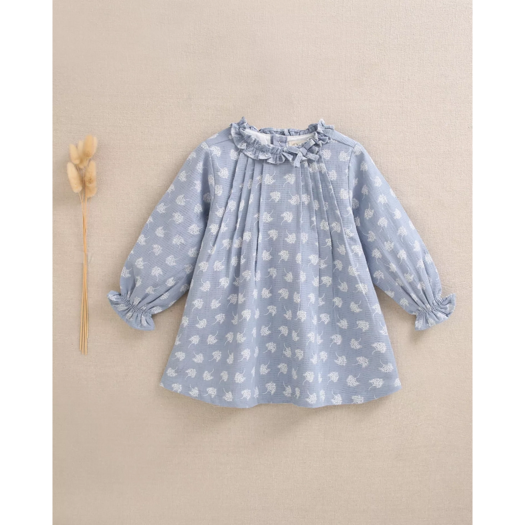 Vestido de bebé niña azul cielo y estampado de hojas blancas