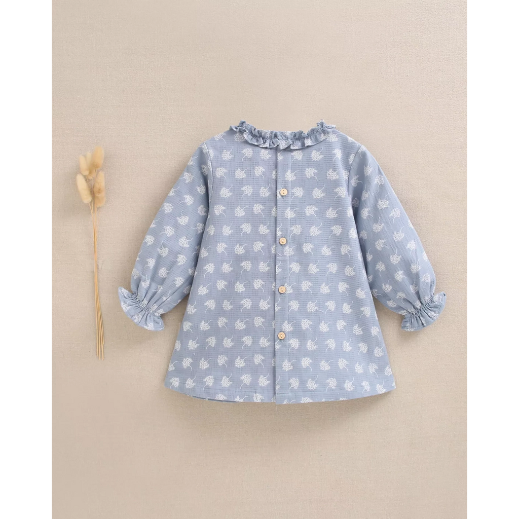 Vestido de bebé niña azul cielo y estampado de hojas blancas