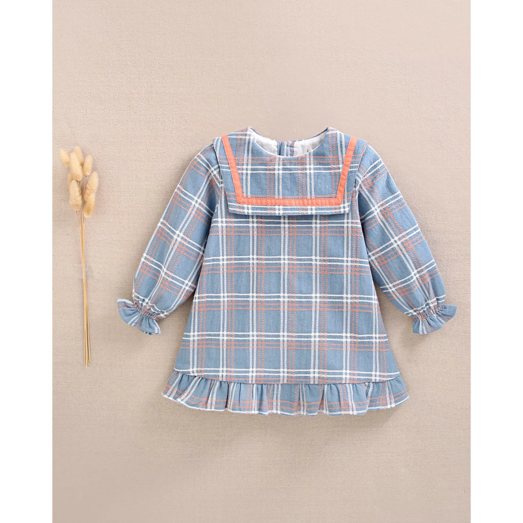 Vestido de bebé niña azul con detalle lazo y ribete naranja