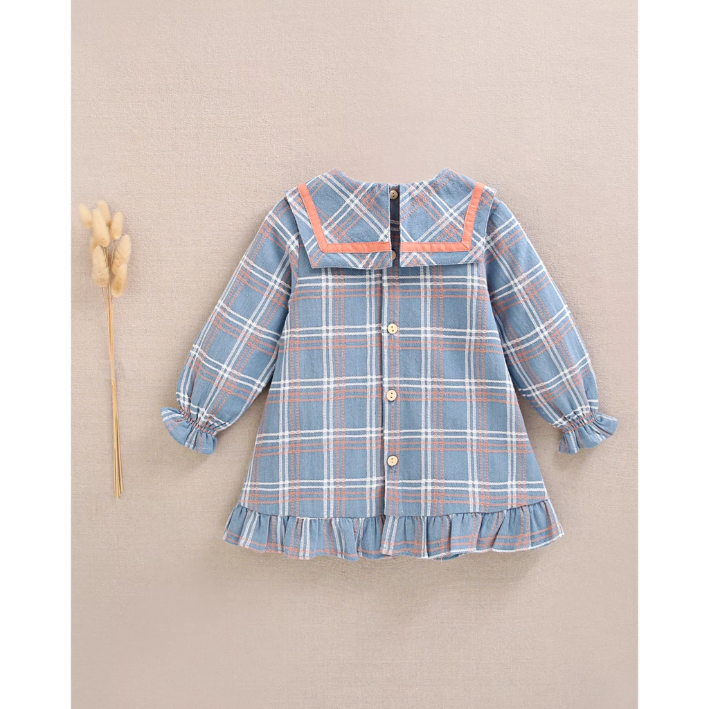 Vestido de bebé niña azul con detalle lazo y ribete naranja