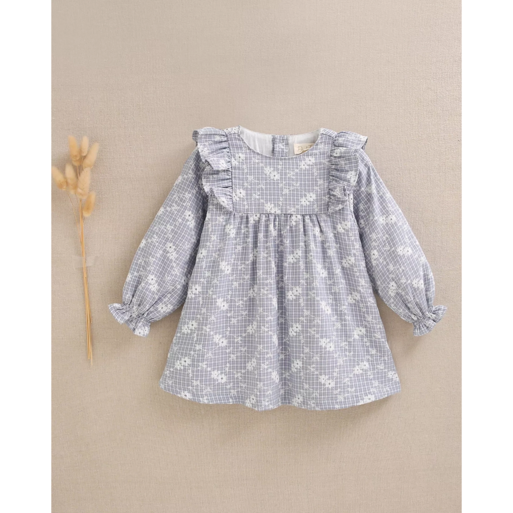 Vestido de bebé niña de cuadro vichy con estampado floral