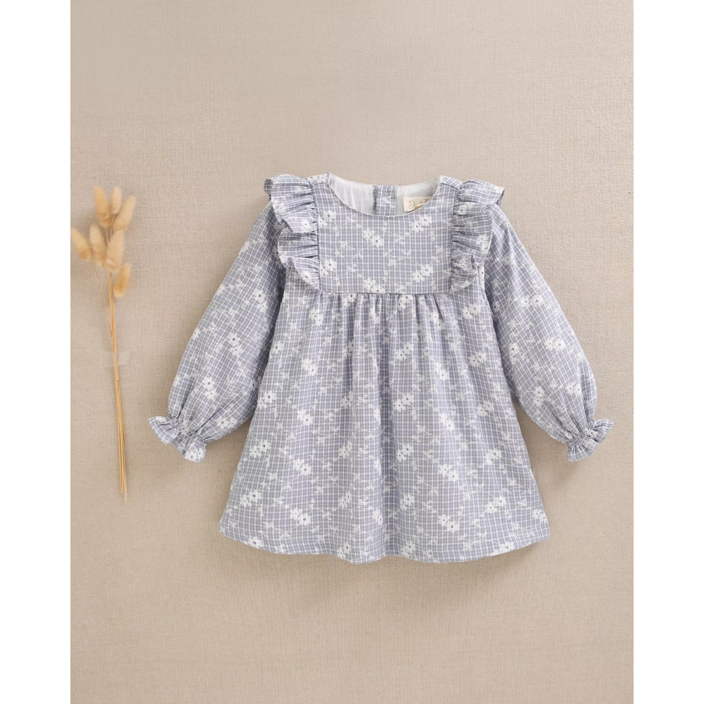 Vestido de bebé niña de cuadro vichy con estampado floral