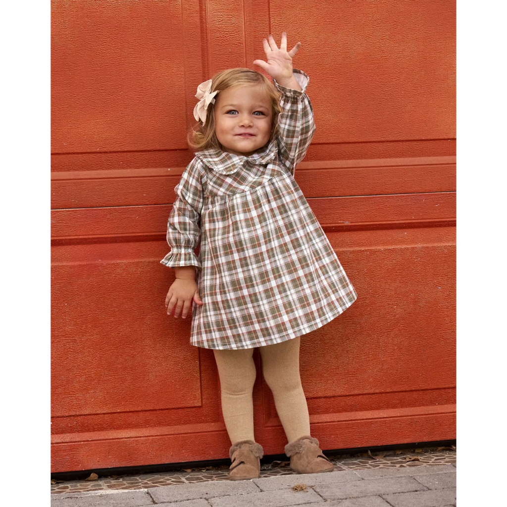 Vestido de bebé niña de cuadros marrón y verde
