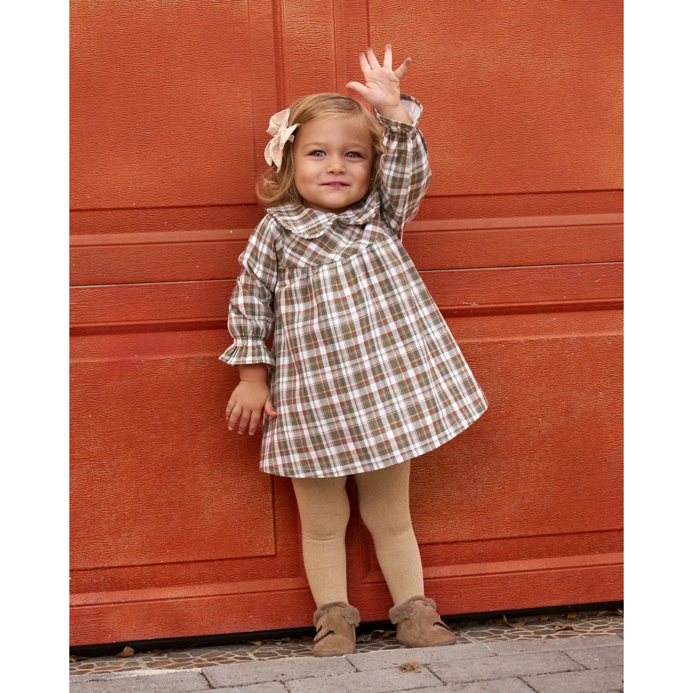Vestido de bebé niña de cuadros marrón y verde