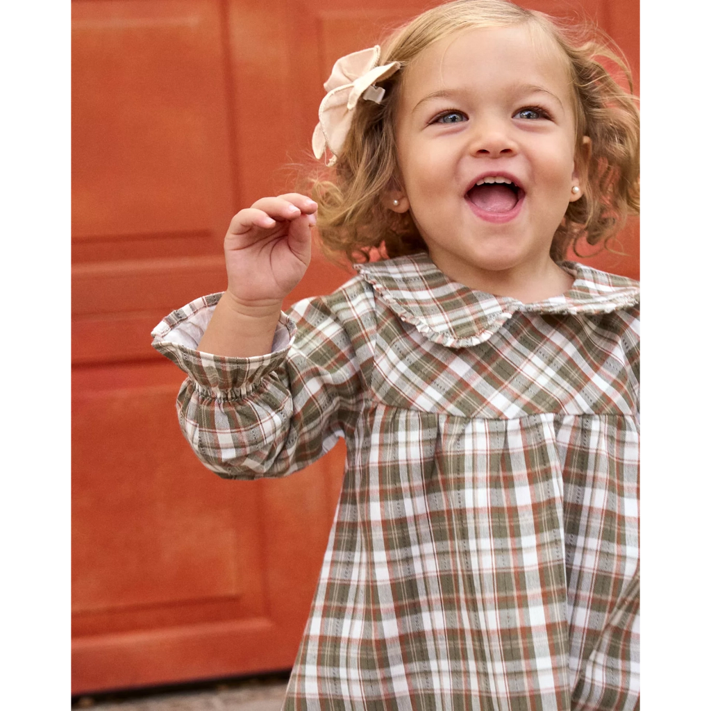 Vestido de bebé niña de cuadros marrón y verde