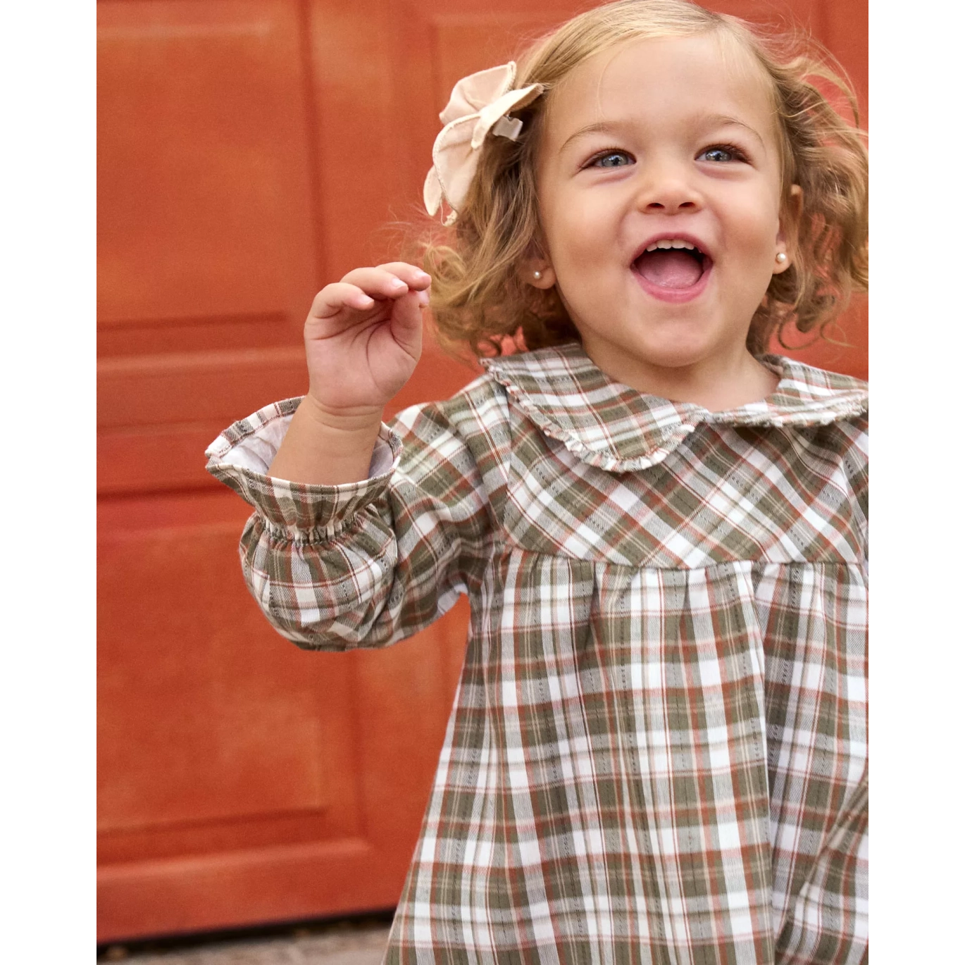 Vestido de bebé niña de cuadros marrón y verde