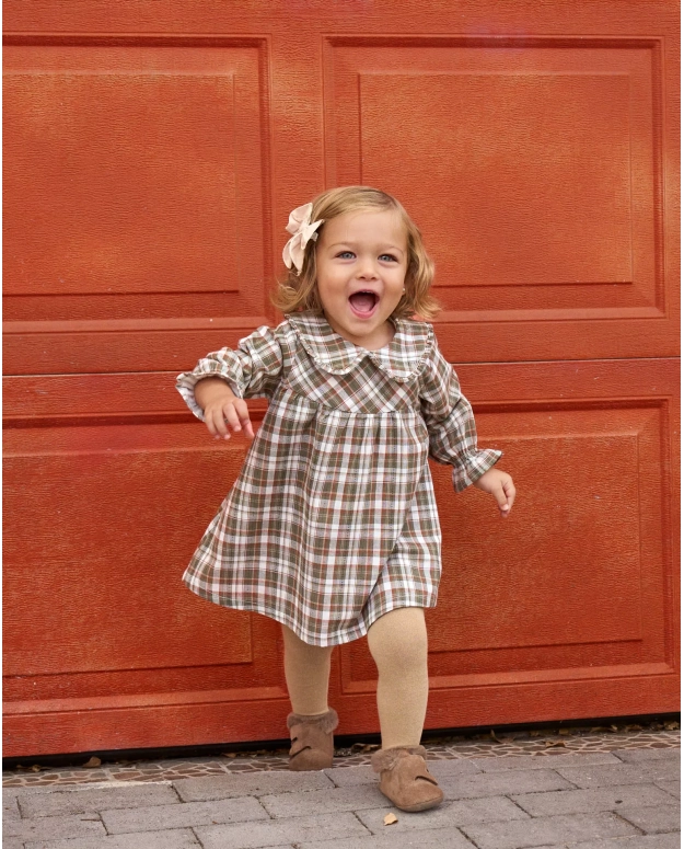 Vestido de bebé niña de cuadros marrón y verde