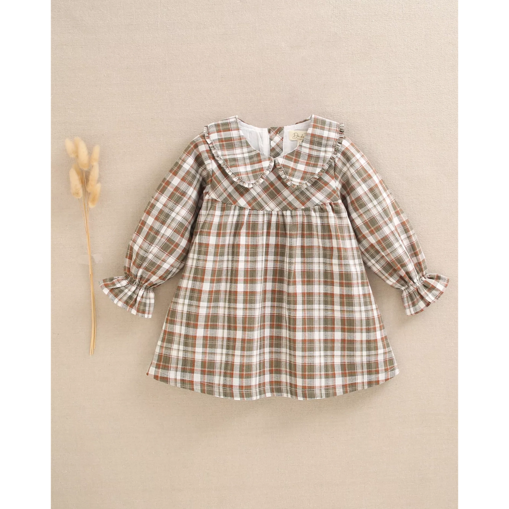 Vestido de bebé niña de cuadros marrón y verde