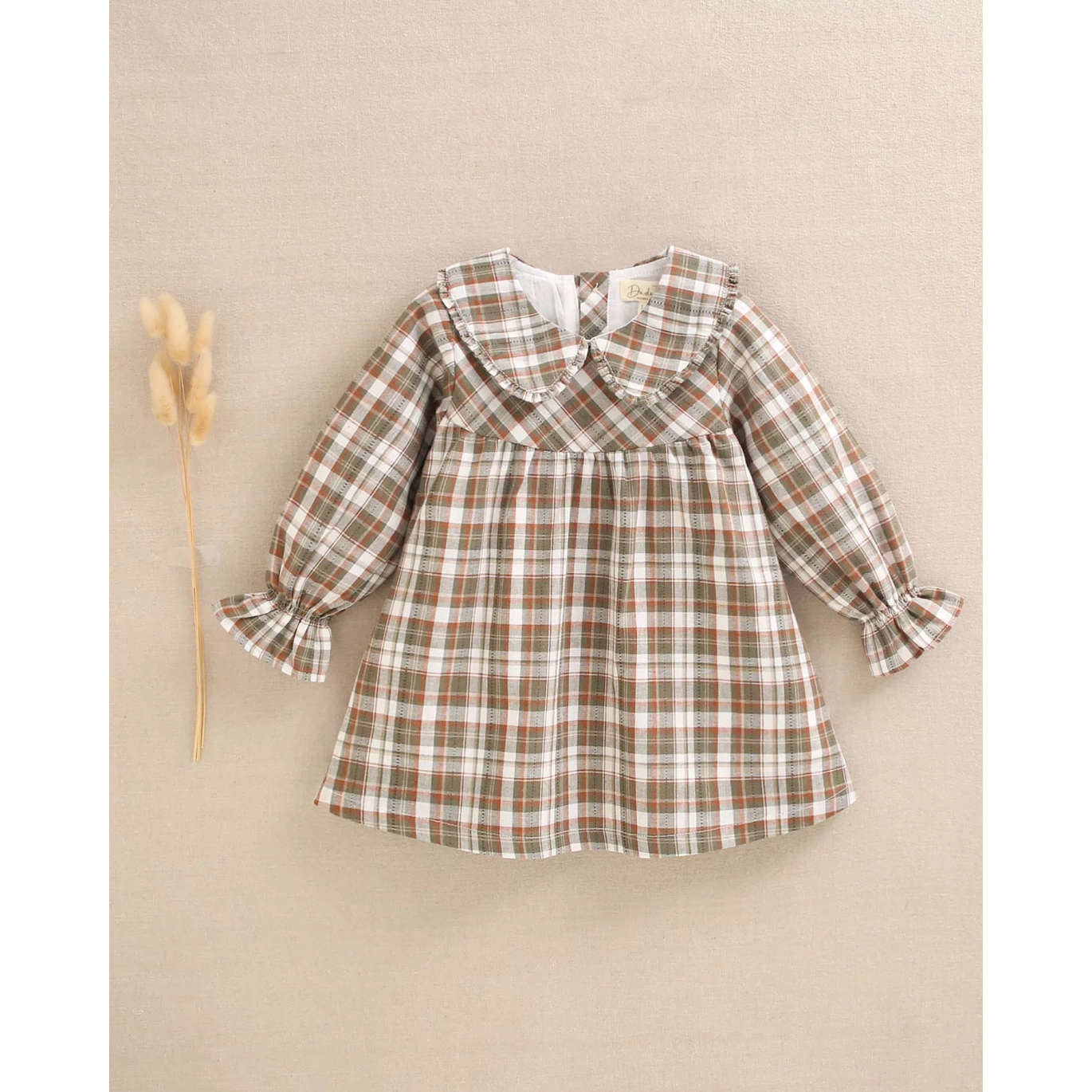 Vestido de bebé niña de cuadros marrón y verde