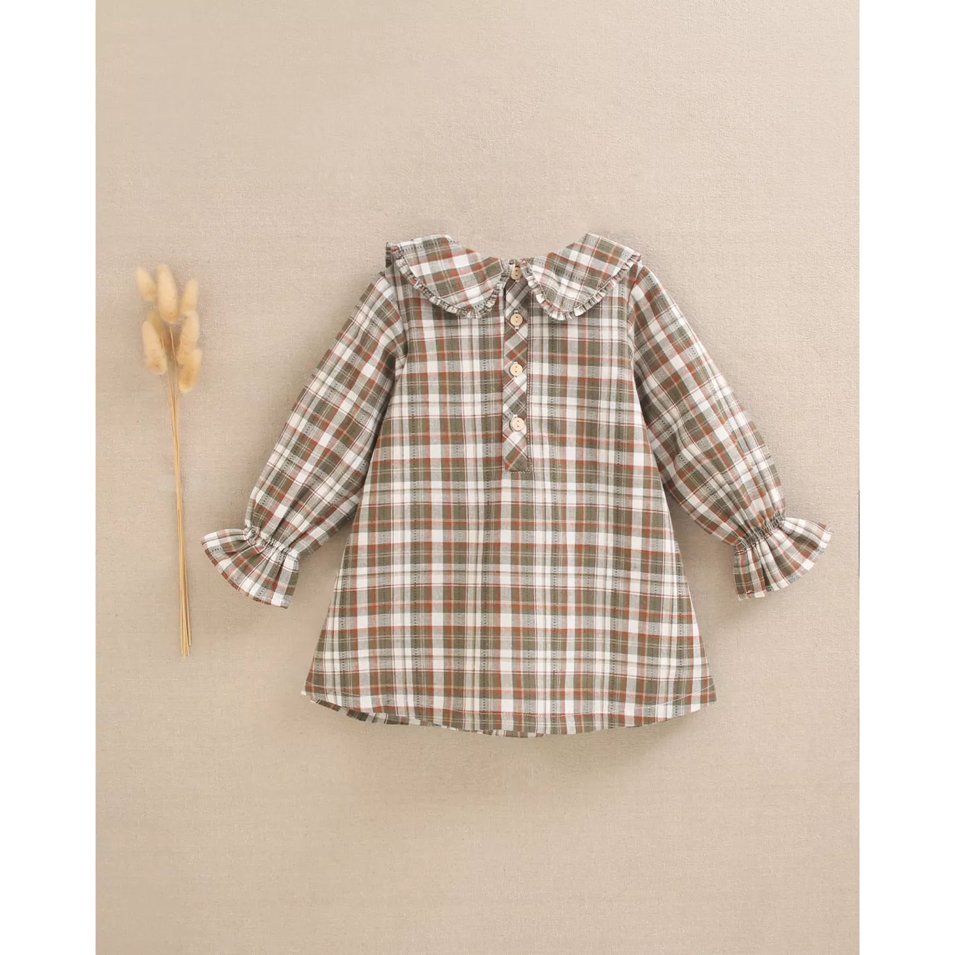 Vestido de bebé niña de cuadros marrón y verde