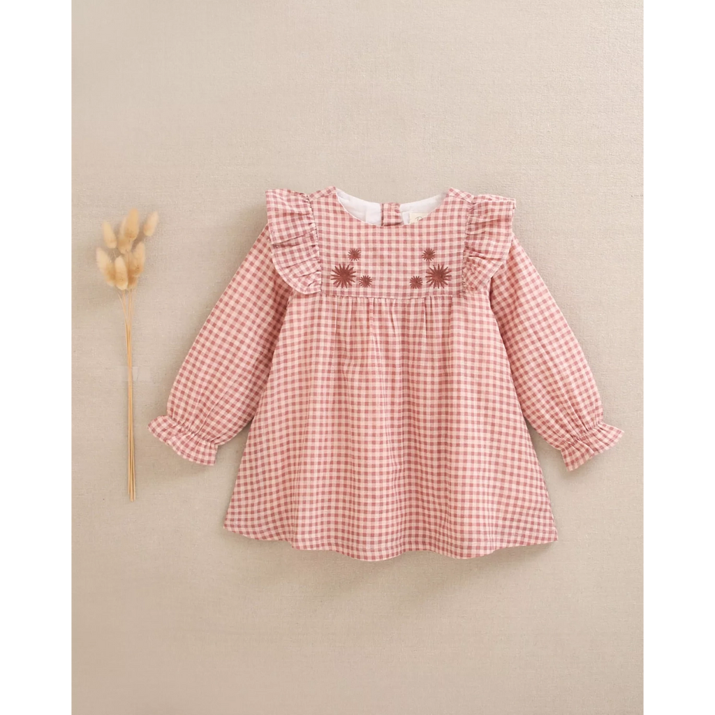 Vestido de bebé niña de cuadros rosa y flores bordadas – Dadati