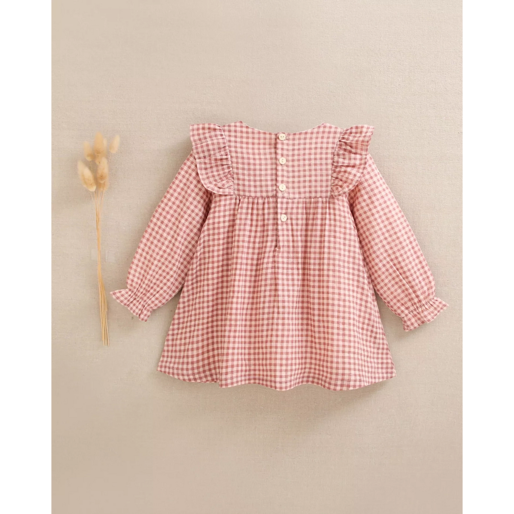Vestido de bebé niña de cuadros rosa y flores bordadas
