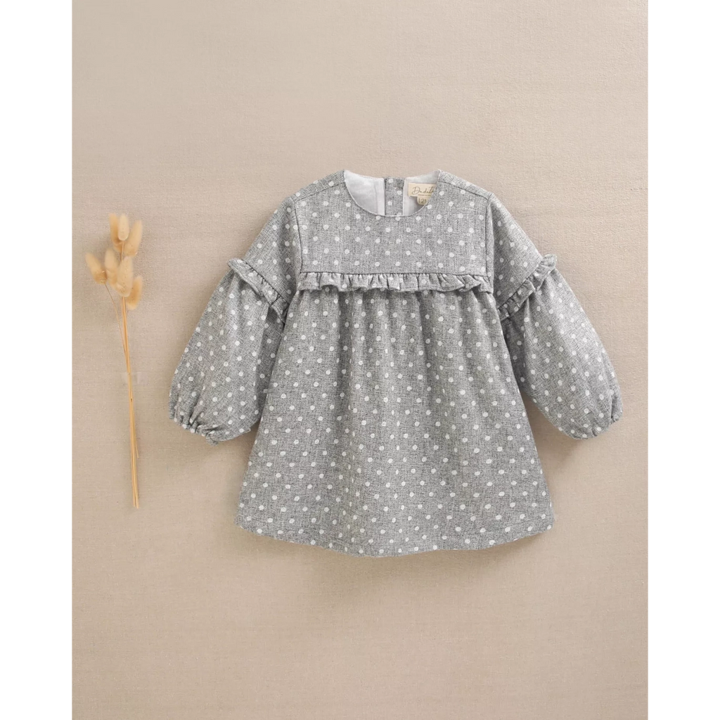 Vestido de bebé niña en gris jaspeado con topos