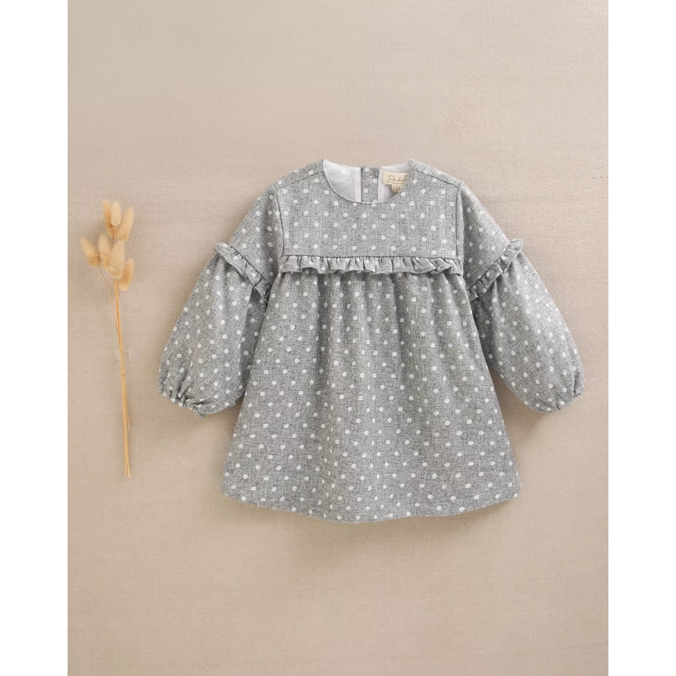 Vestido de bebé niña en gris jaspeado con topos