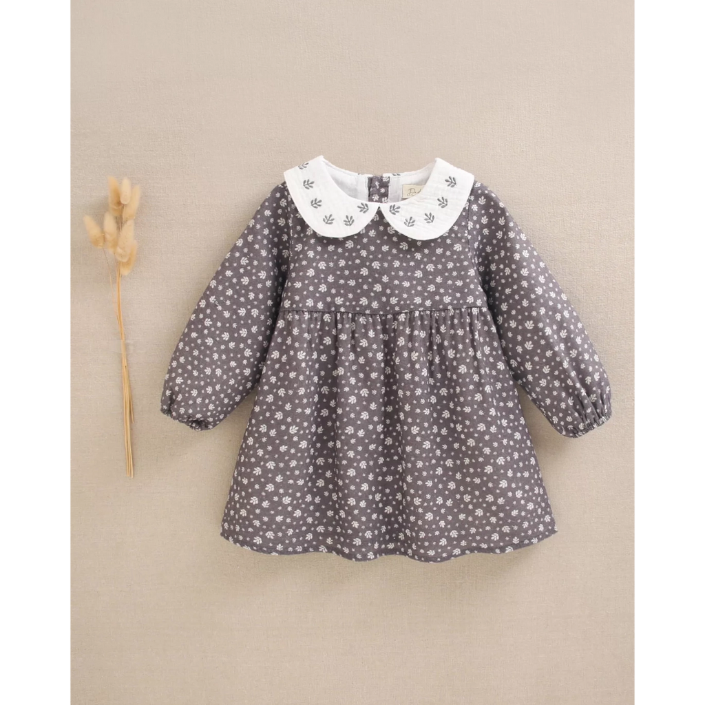 Vestido de bebé niña gris con hojas blancas