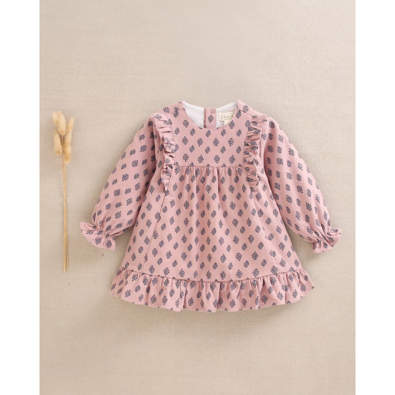 Vestido de bebé niña rosa con estampado de hojas