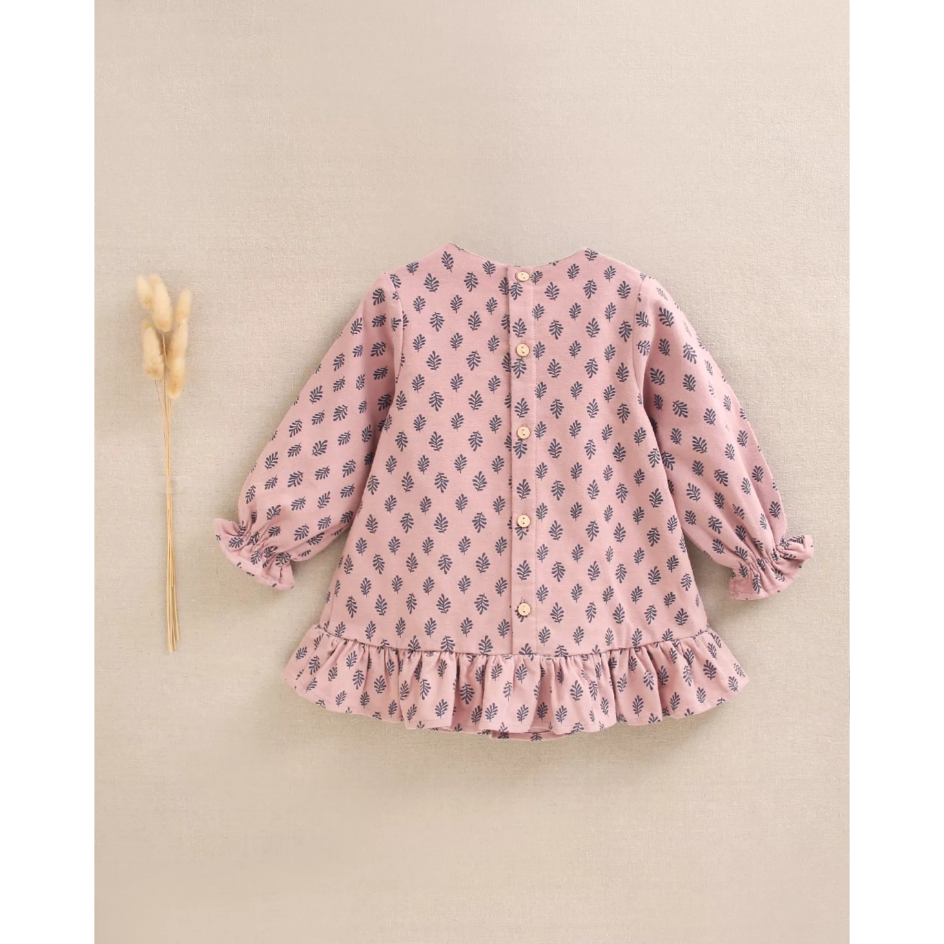 Vestido de bebé niña rosa con estampado de hojas