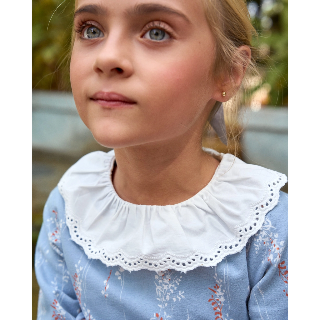Vestido de niña azul con cuello con volante bordado