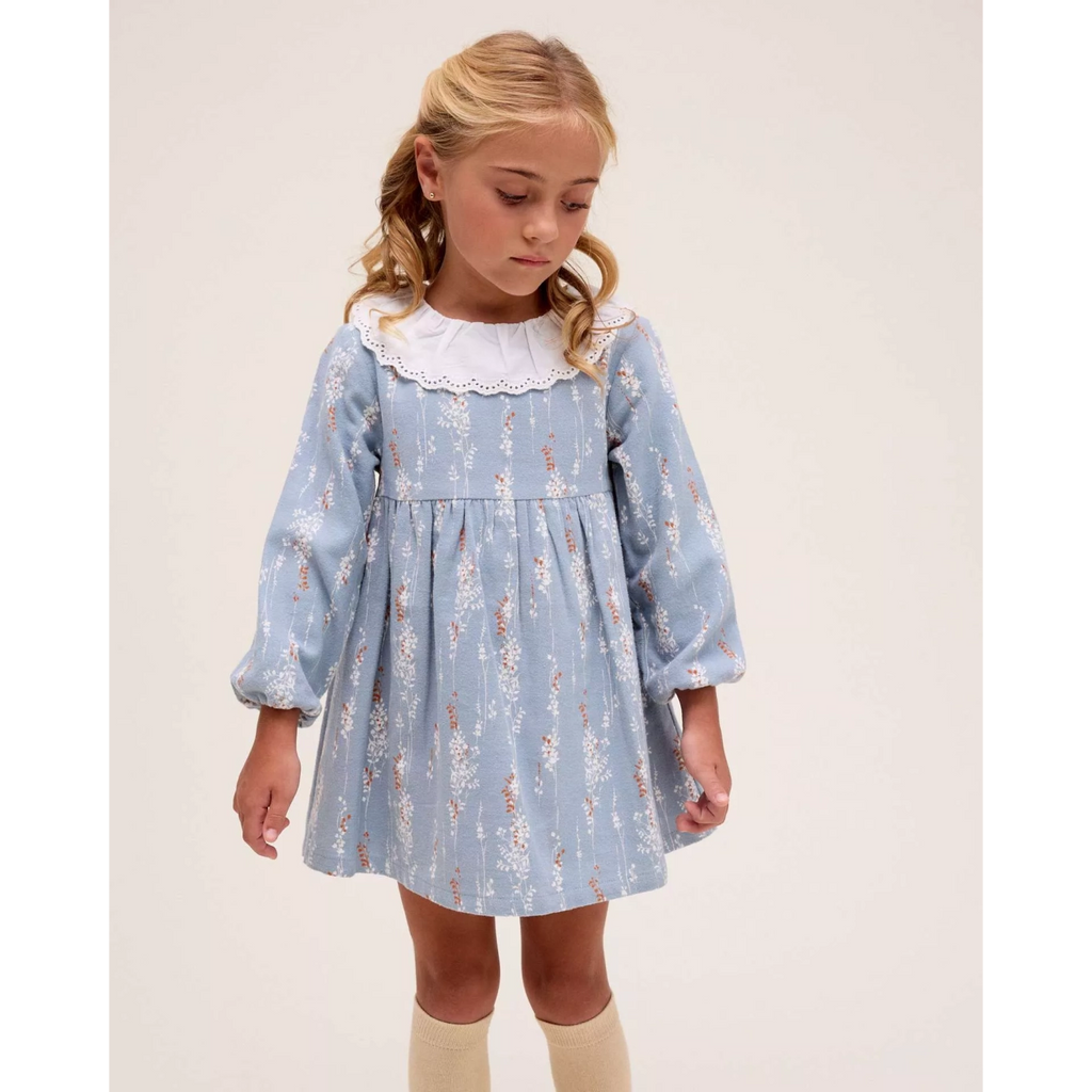 Vestido de niña azul con cuello con volante bordado