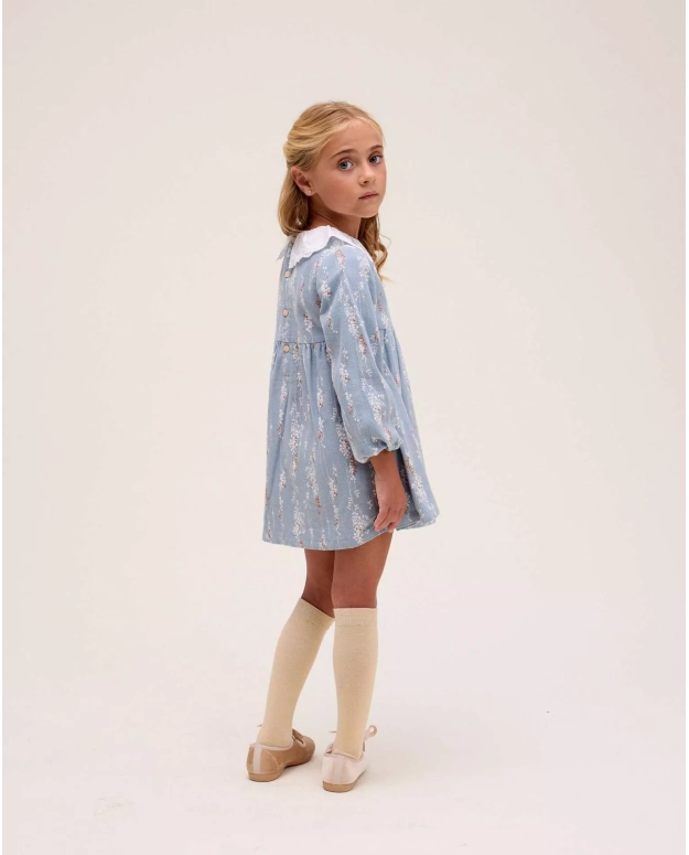 Vestido de niña azul con cuello con volante bordado
