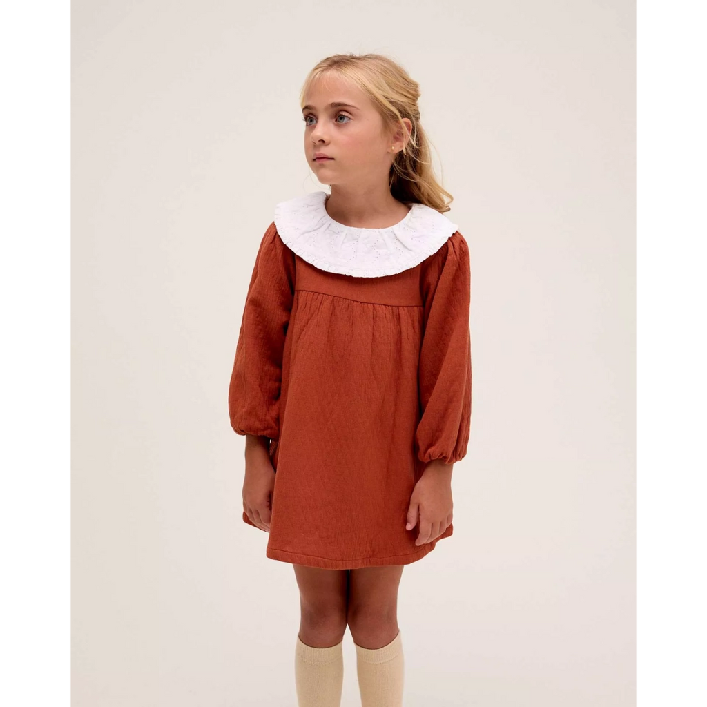 Vestido de niña color teja y manga larga abullonada