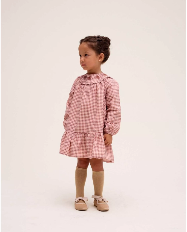 Vestido de niña cuadros rosa y detalle flores bordadas