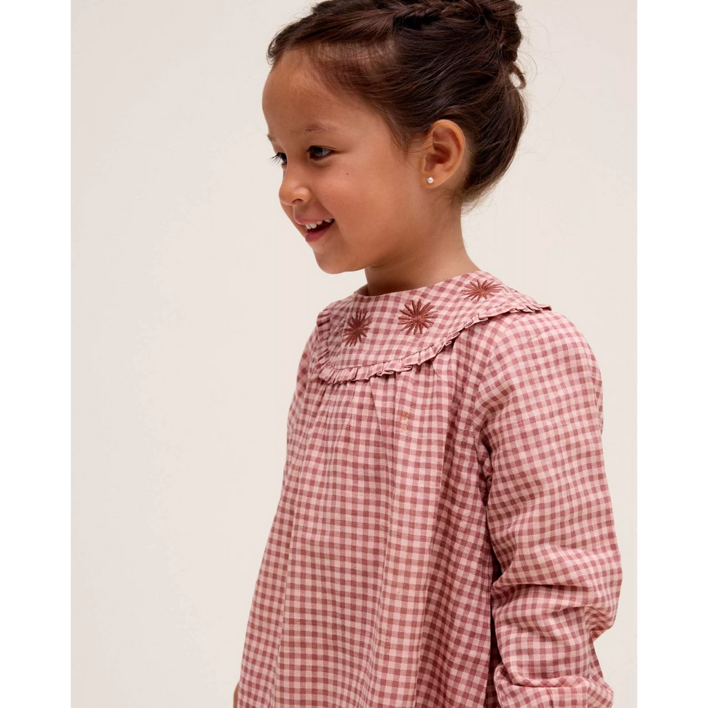 Vestido de niña cuadros rosa y detalle flores bordadas