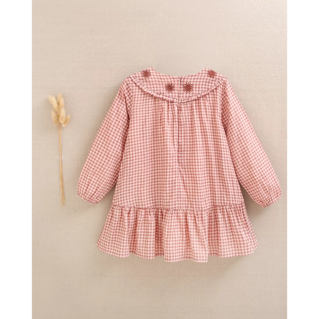 Vestido de niña cuadros rosa y detalle flores bordadas