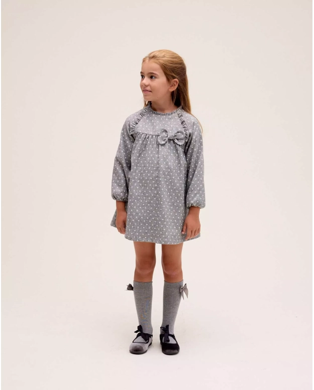 Vestido de niña en gris jaspeado con topos